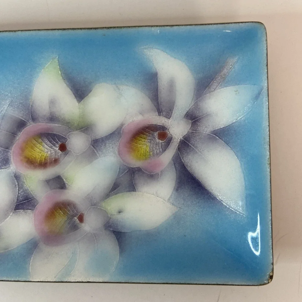 Vintage Japanese Tutanka Orchid Floral Enamel Cloisonne Trinket Tray 9.25x3.25